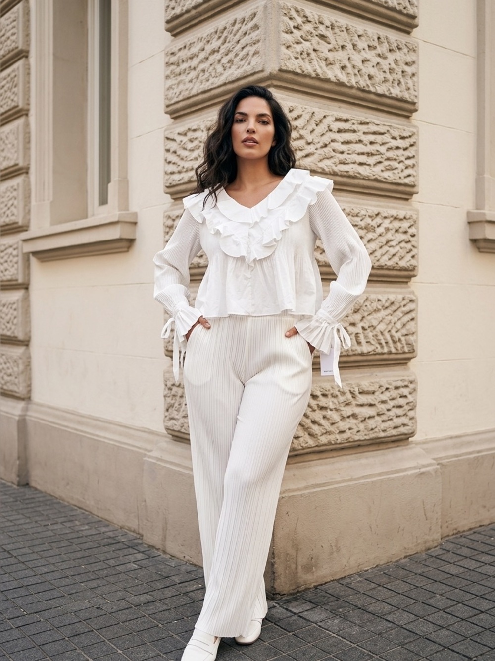 Style Mafia White Ruffle V-Neck Blouse